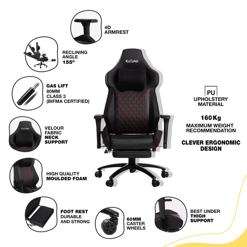 Premium Leather 4D Adjustable Armrests Gaming & Office Chair - Black with Red Stitch